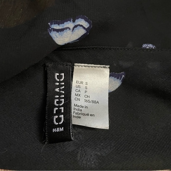 H&M Divided Black Blue Butterfly Sheer Flounce-Trimmed Chiffon Blouse Size Small - Picture 3 of 5